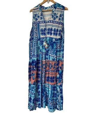 ORIENTIQUE sleeveless tiered maxi dress V-neck tassel ties Blue Coral Floral L